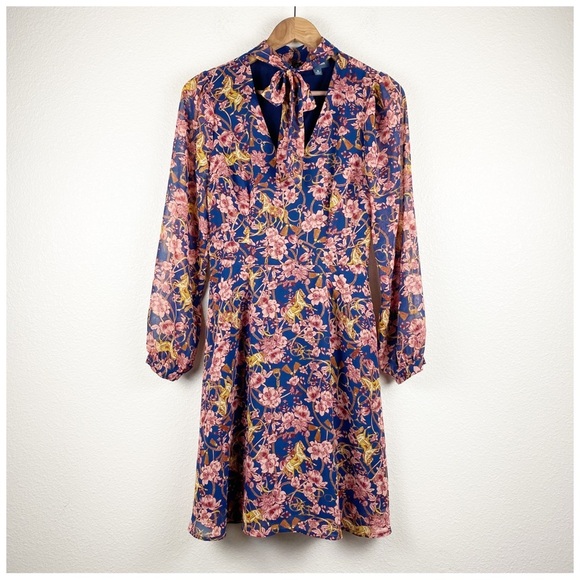Floral Print Dress‎ Tie Neck Long Sleeve Fit Flare Party Cocktail - Picture 2 of 11